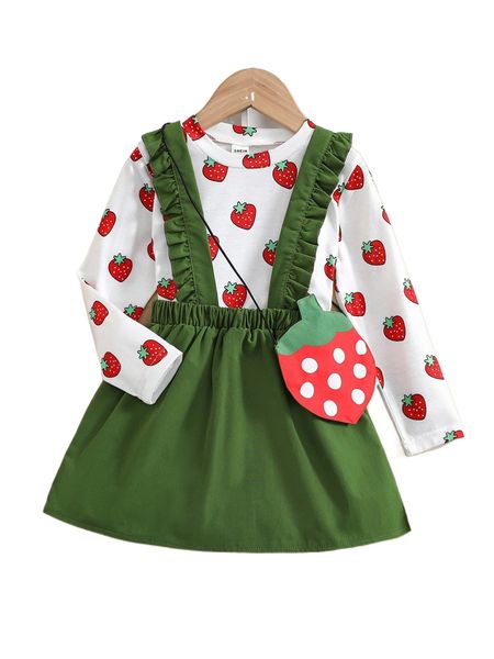 

toddler girls strawberry print tee & frill trim pinafore skirt w3hm#, Black;white