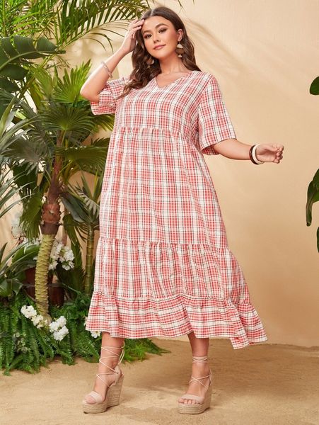 

plus plaid print ruffle hem smock dress n9jq#, Black
