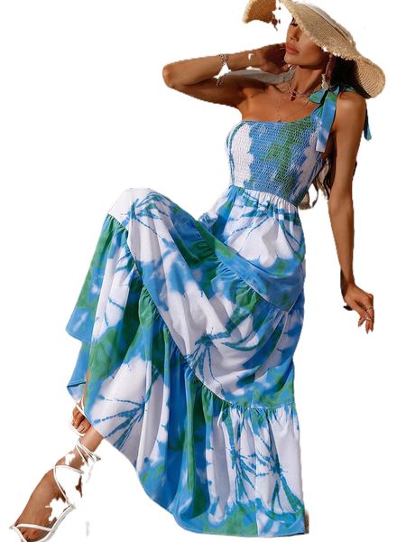 

tie dye one shoulder shirred ruffle hem dress 30ah#, Black;gray