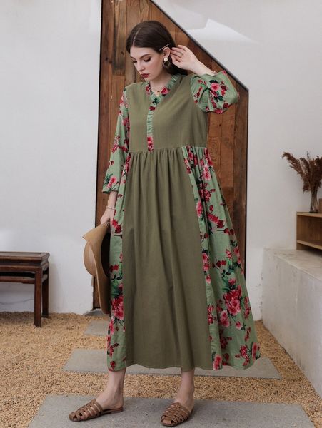 

floral spliced frill trim smock dress n9lh#, Black;gray