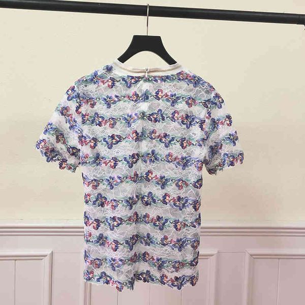 

summer new lace short sleeve t-shirt embroidered hook flower hollow out women's, White