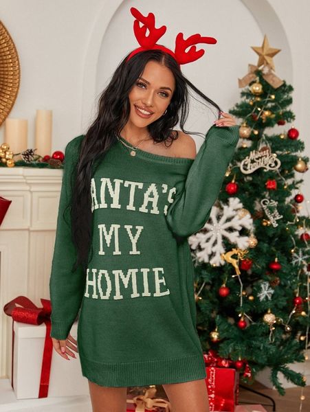 

christmas slogan graphic one shoulder sweater 75fz#, White;black