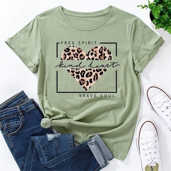 

summer cotton women fashion t-shirts leopard heart print short sleeve clothes vintage ladies tee female o-neck tshirts 220402, White