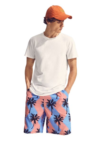 

men solid tee & tropical print shorts l6s6#, Gray