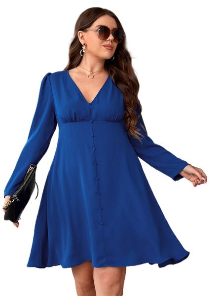 

plus button front a-line dress r9ee#, Black
