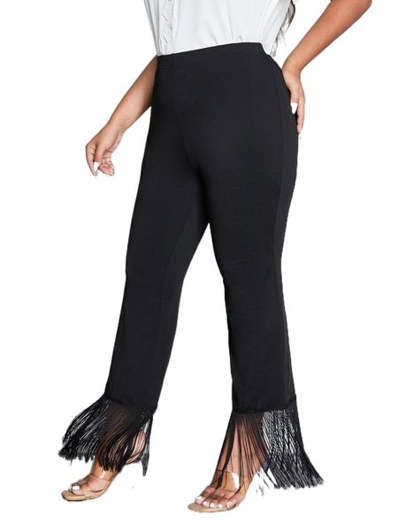 

plus fringe trim flare leg pants y7dx#, Black