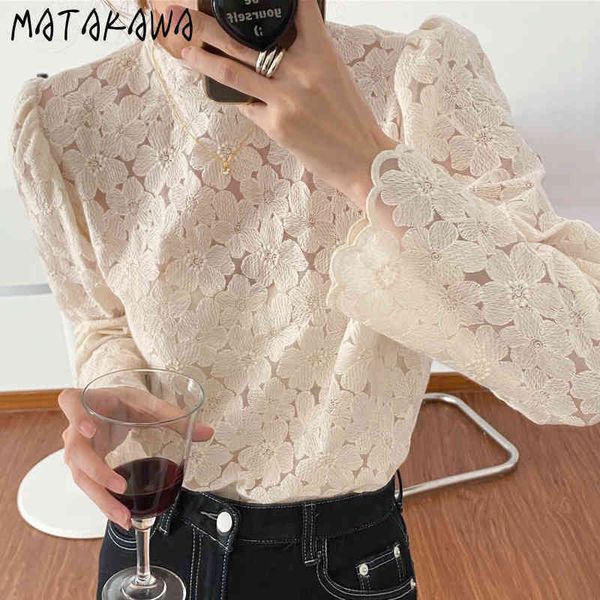 

fashion stand collar blouse lace embroidery flowers blusas microtransparent longsleeved bottoming women shirt 210506, White