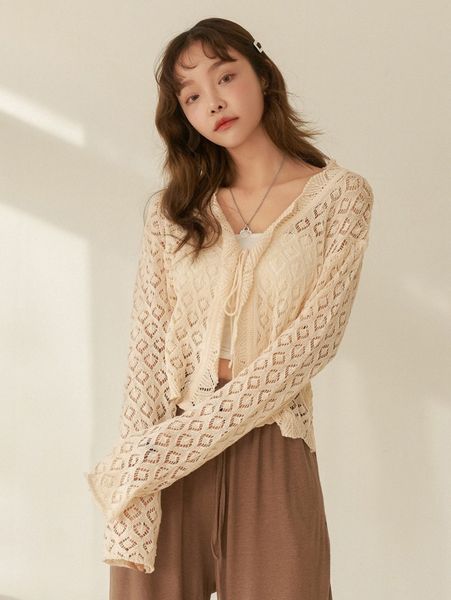 

dazy pointelle knit drop shoulder knot front cardigan 46gt#, White;black
