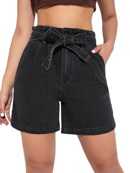 

paperbag waist belted denim shorts h304#, White;black