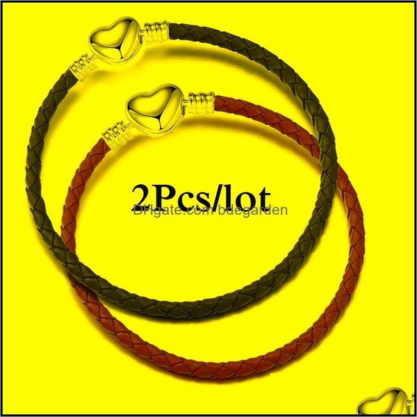 

charm bracelets 2pcs/lot sier color heart-shaped button leather snake chain charms bracelet for women diy fashion jewelry m bdegarden dh7pu, Golden;silver