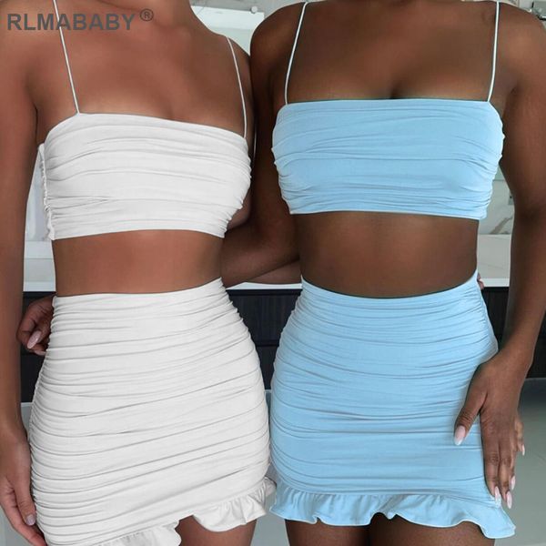 

summer 2 piece set women bodycon dress spaghetti strap crop and ruffles skirts set night club party outfits dress short, Black;gray