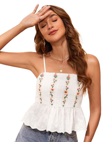 

floral embroidery ruffle hem cami m2uy#, White