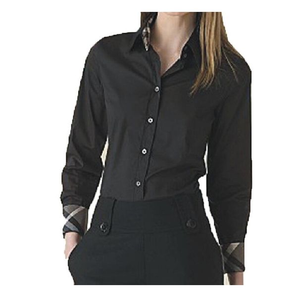 

summer womens slim plaid blouses spring fall long sleeve business wear casual office lady button front lapel neck classic shirtst black whi, White