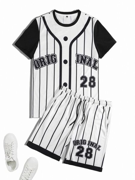 

men striped & letter graphic tee & drawstring waist shorts c5nw#, Gray