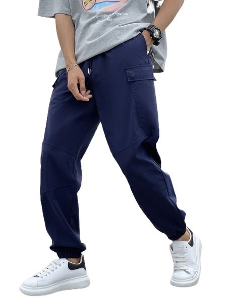 

men drawstring waist flap pocket cargo pants j86z#, Black