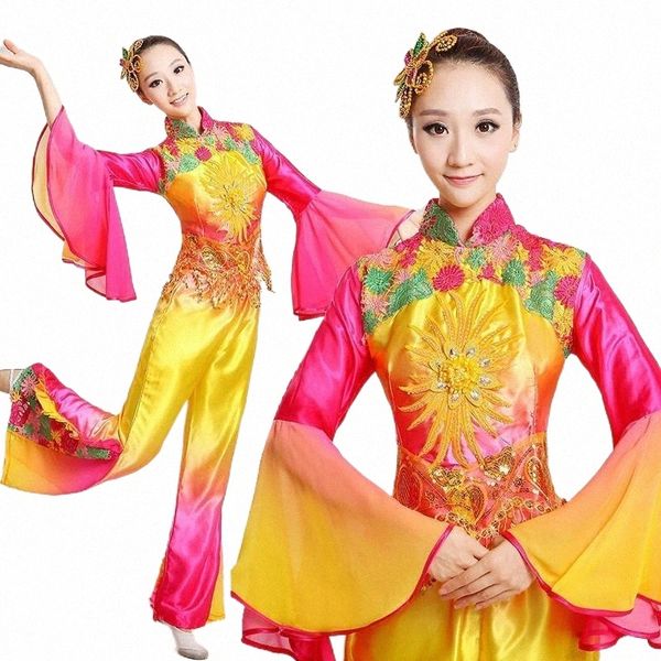 

stage wear traditional chinese clothing women ancient yangko folk dance fan yellow costume costumes woman yangge dancing dances clothes o0mk, Black;red