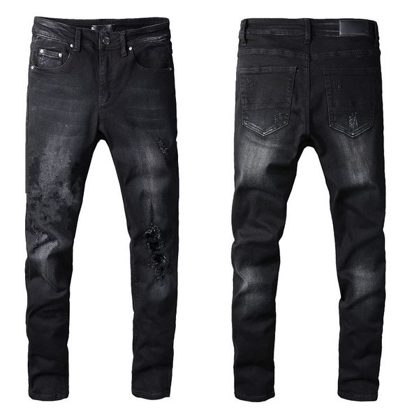 Jeans da uomo firmati Skinny Black Rip Letter Angel Print Rock Denim Slim Fit Paint Splatter per pantaloni da uomo Ricami Biker Distress Straight Hip Hop con foro lungo