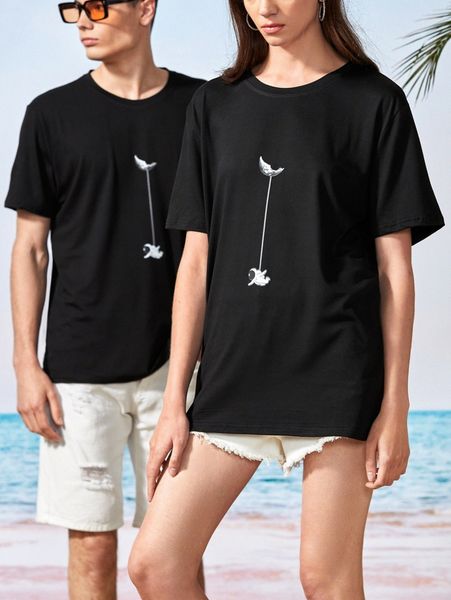 

1pc spaceman print tee b6gc#, White;black