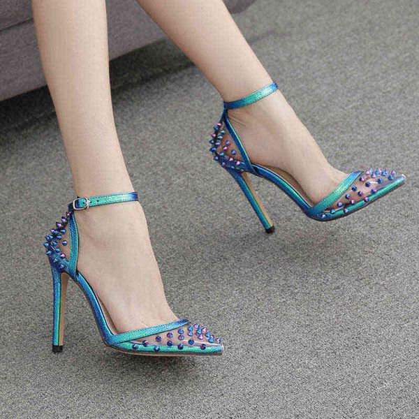 

sandals women shoes fashion color rivets transparent high heels pointed hol, Black