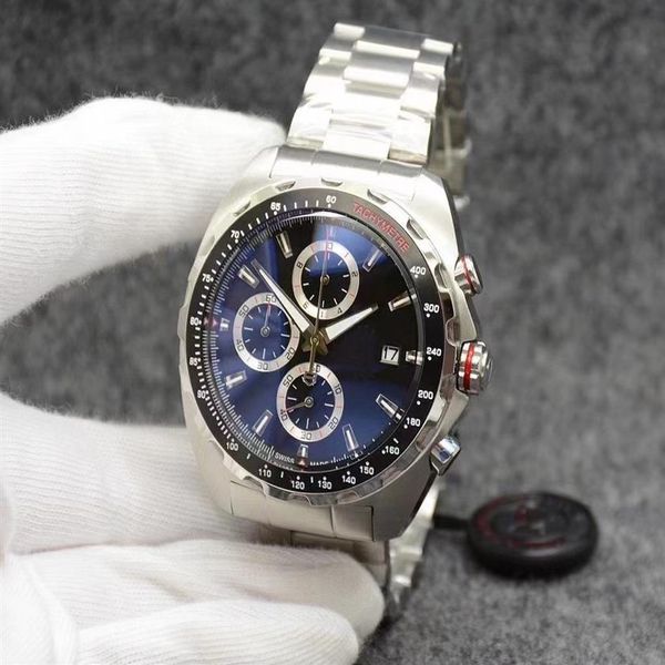 

watch high grade 47mm quartz chronograph mens watches red hands stainless steel bracelet fixed bezel with a ring showing tachy242v, Slivery;brown