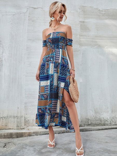 

patchwork print off shoulder shirred wrap hem dress 00kb#, Black;gray
