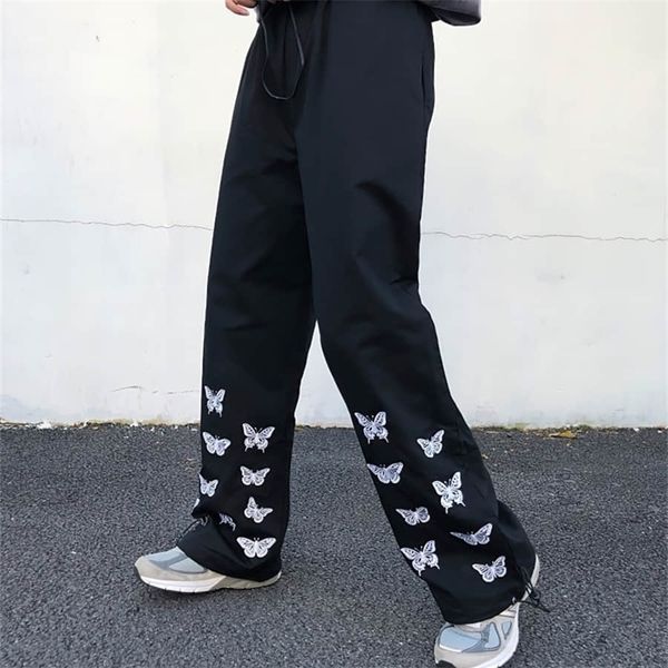

new autmun high waist pants women cargo sweatpants embroided butterflies wide leg straight plus size casual trousers streetwear 201112, Black;white