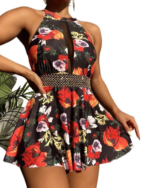 

floral print contrast tape one piece swimsuit f73y#, White;black