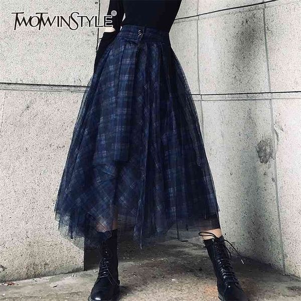 

twotwinstyle plaid patchwork mesh womens skirts high waist hit color elegant a line skirts female spring fashion new 210325, Black