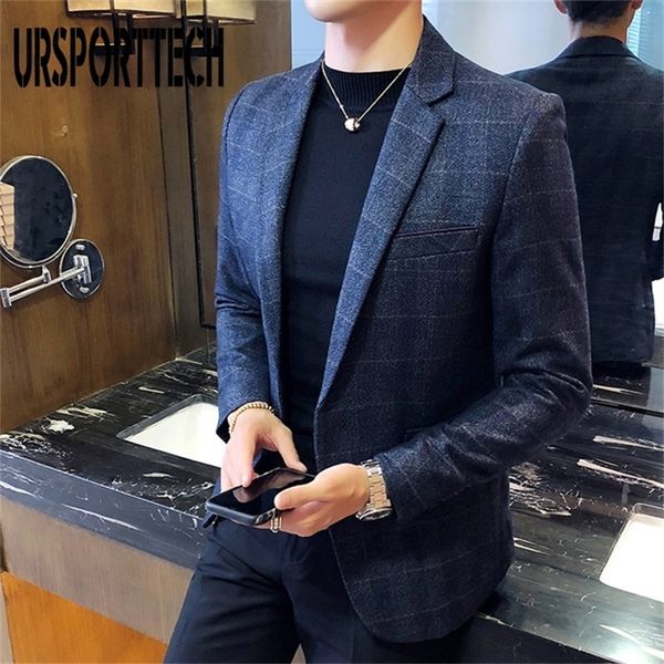 URSPORTTECH Giacca da uomo stile britannico Casual Slim Fit Giacca da uomo Blazer scozzese da uomo Cappotto Terno Masculino Plus Size M-5XL 220812