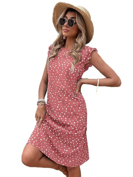 

dalmatian print keyhole neck frill trim tunic dress n2dd#, Black;gray