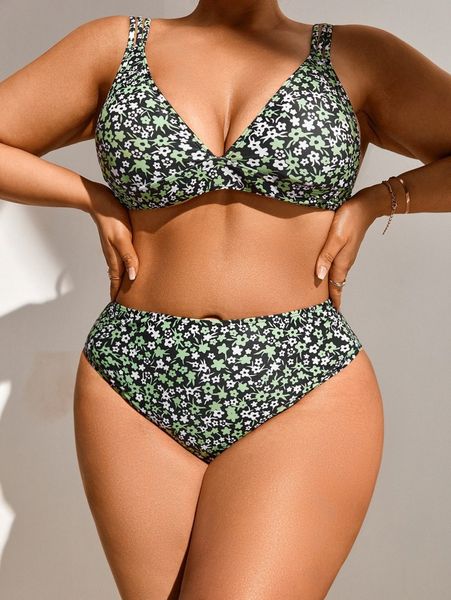 

plus ditsy floral print bikini swimsuit u3et#, White;black