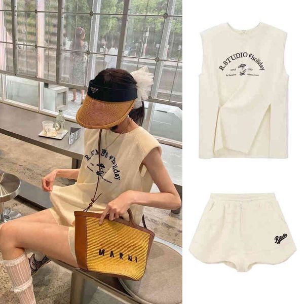 

two piece dress revan cream suit summer irregular split shoulder sleeveless t-shirt casual shorts 2l6w, White