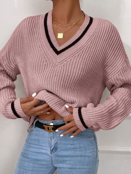 

striped trim drop shoulder cricket sweater h980#, White;black