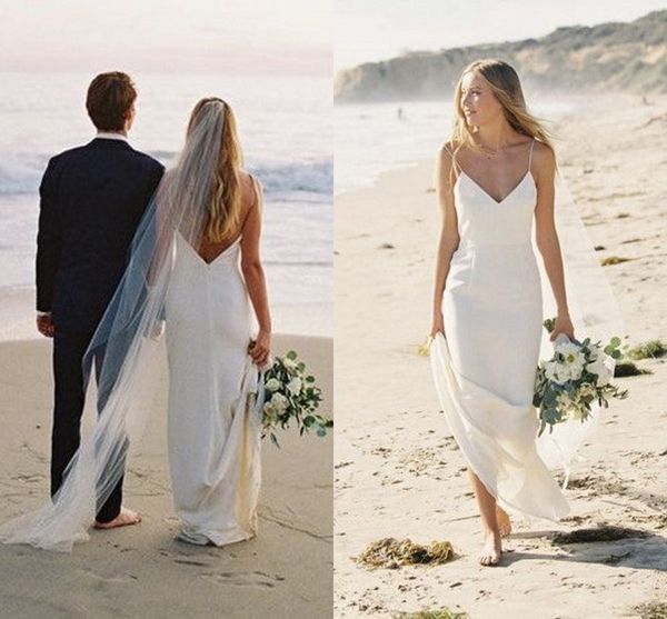 2022 Simple Beach Crepe Свадебные платья Спагетти Ремешок Модуст без рукавов V-образным вырезом Открытый Богемский свадебное платье Robe de Mariee