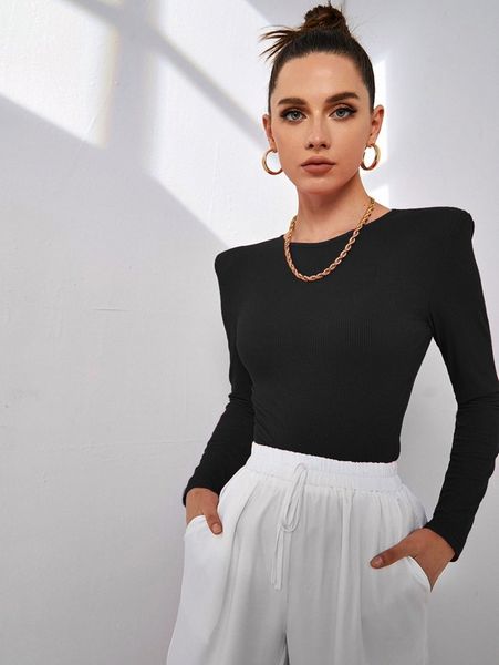 

padded shoulder rib-knit slim tee i4i6#, White