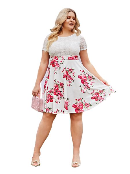 

plus floral print lace dress 26gg#, Black