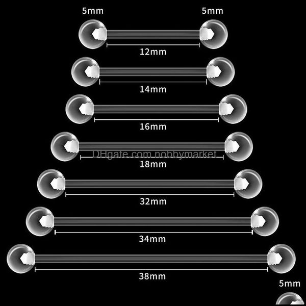 Anelli per Lingua Gioielli per il Corpo 10 Pezzi Trasparente Morbido Piercing Stud Flessibile Acrilico Anello per Capezzolo Barbell Bar Cartilagine Orecchino Industriale Elica 12-38Mm