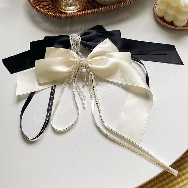 Fashion Pearl Ribbon Chiffon Bow Hairclip Bianco Nero Donna Coda di cavallo Barrettes per gioielli per feste di nozze Accessori per capelli regalo