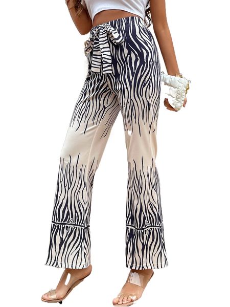 

zebra striped knot front flare leg pants u3r8#, Black;white
