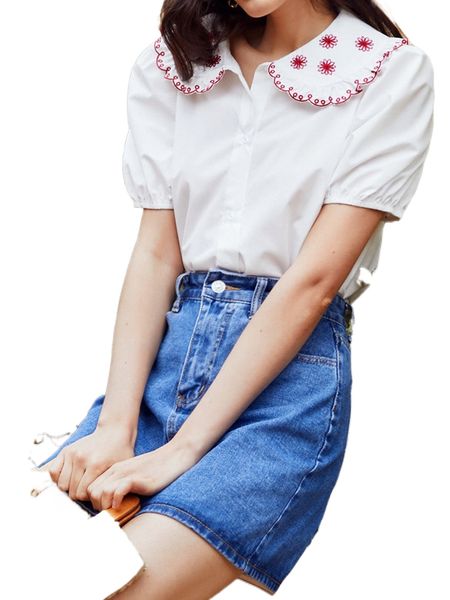 

peter pan collar floral embroidery puff sleeve t7ow#, White