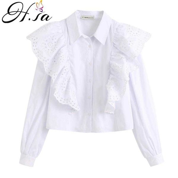 

hsa summer blouses white ruffules blusa and long sleeve hollow out loose turn down collar casual white blusas 210716
