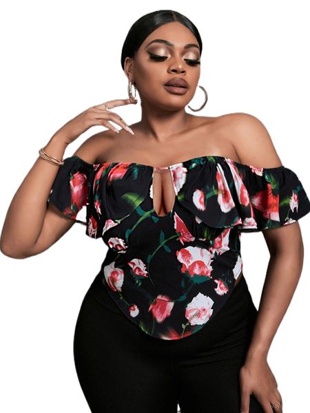 

sxy plus floral print cut out zip back bandana blouse y5ru#, Black