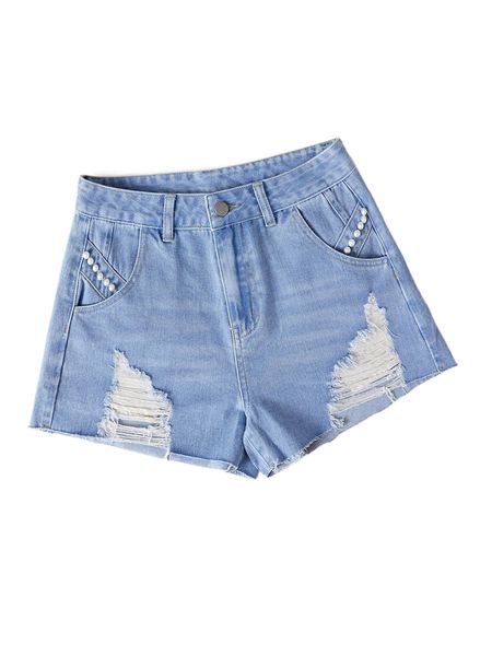 

pearls beaded ripped denim shorts 3974#, White;black
