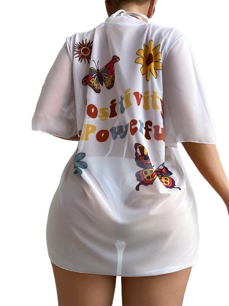 

butterfly & slogan graphic mesh cover up m6np#, White;black