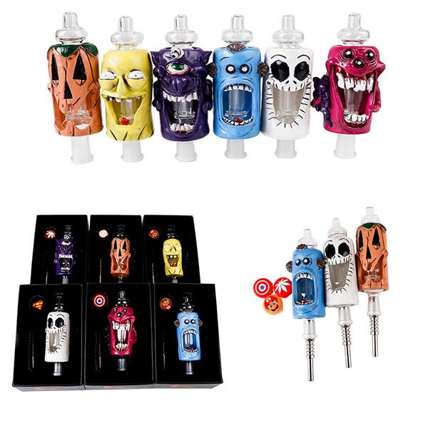 Monster-Glas-Nektarsammler-Kits, Zigaretten-Set, Cartoon-Harzpfeife, 14-mm-Verbindungsgröße, mit Silikon-Wachs-Behälter, Gläser, Titan-Nagelstroh, Bohrinseln, Wasserpfeifen, Bongs