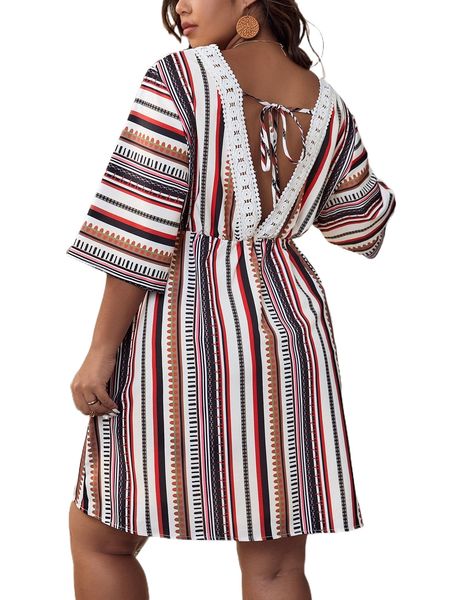 

plus striped print guipure lace panel tie back dress 50kd#, Black