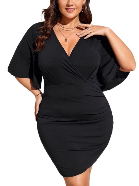 

plus surplice neck butterfly sleeve dress d7jx#, Black