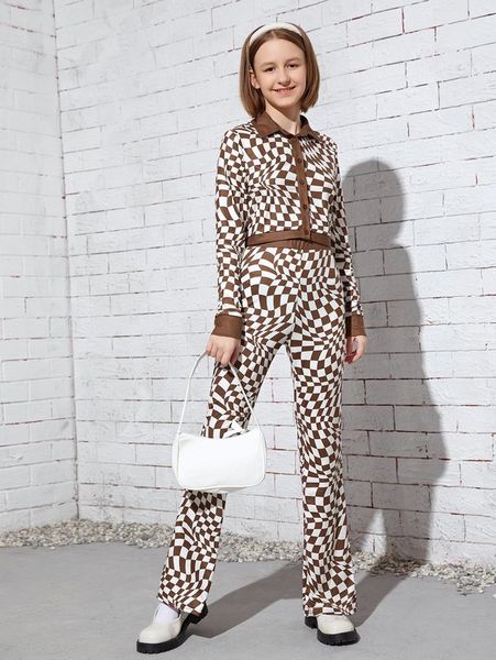

teen girls checker print button front & flared leg pants she, White