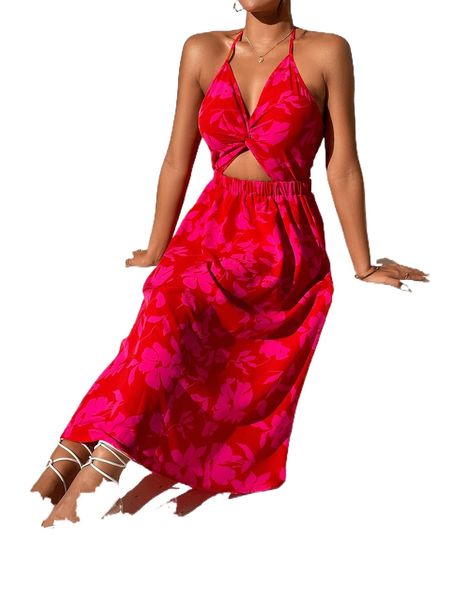 

allover floral print twist front halter dress t8ir#, Black;gray
