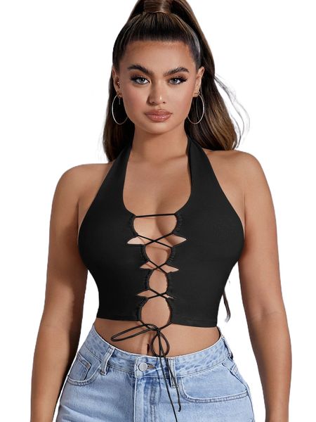 

sxy lace up front crop halter z4bt#, White